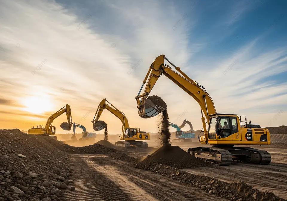 pngtree excavator fleet working at sunset construction site image 19844978